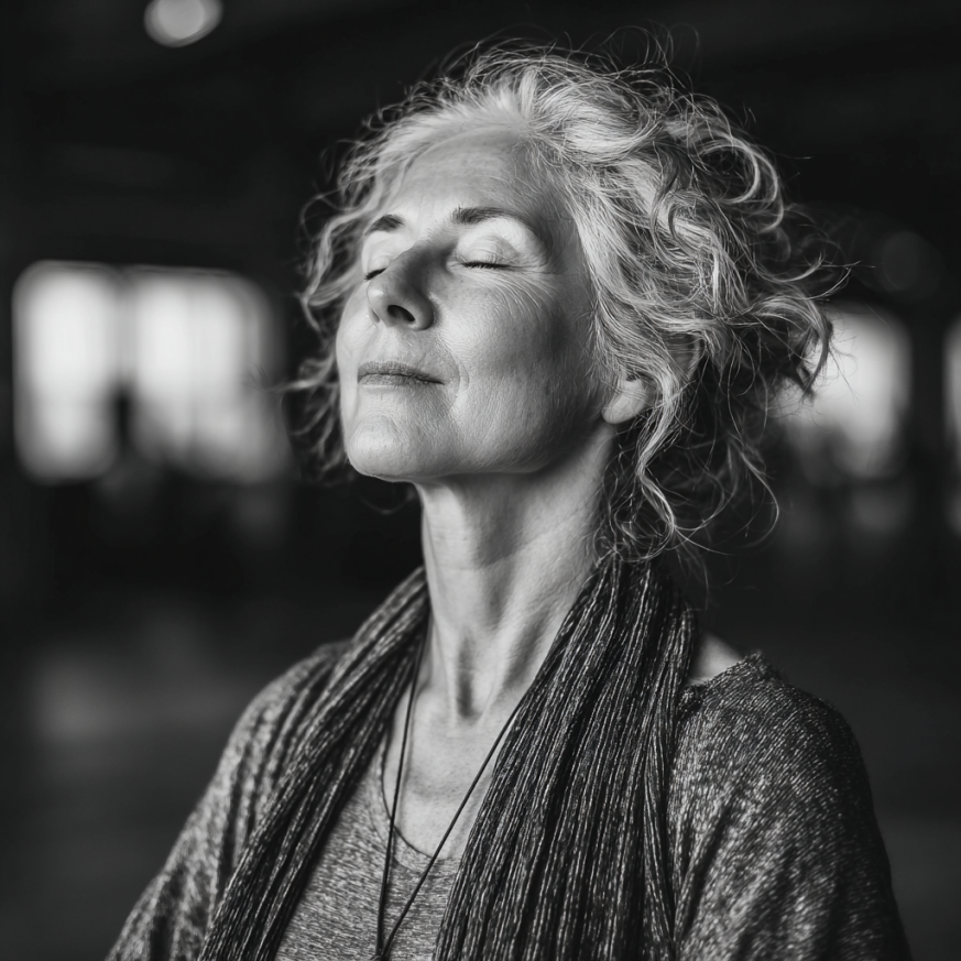 Senior jóga - Idősebb hölgy nyugodt jóga pózban